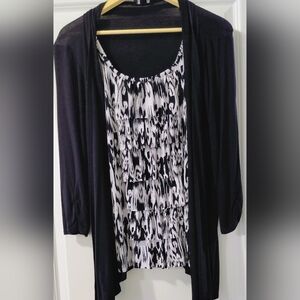 Black Open-Front Women's Cardigan with Monochrome Printed Tank